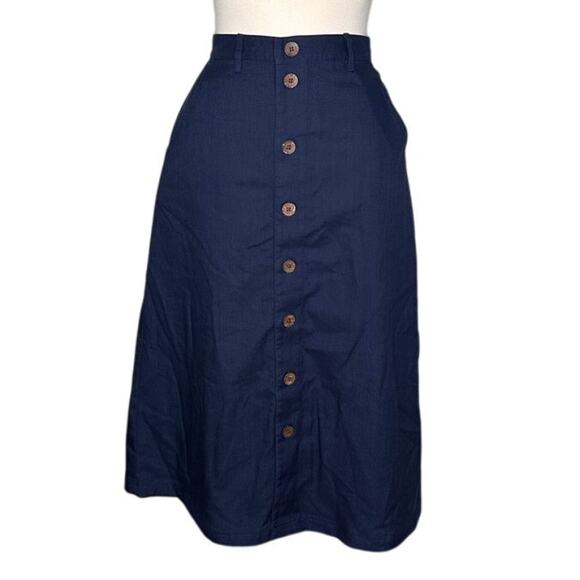 TravelSmith Vintage Linen Blend Navy Wooden Button Front Skirt Petite Elastic - Picture 1 of 9